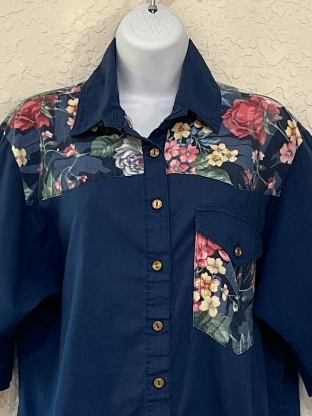 Vintage Tapestry Western Floral Button Down Shirt Navy Short Sleeve M - Picture 2 of 9
